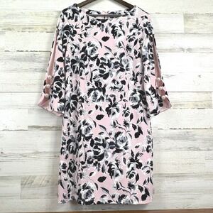 Phase Seven 7 New‎ York Shift Dress Size 14 Pink Black Floral 3/4 Sleeve Pearl